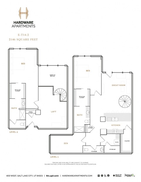 Floor plan for 2 beds, 2.5 baths, 2340 sqft